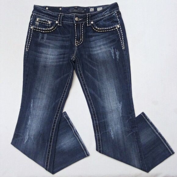 MISS ME Distressed Saddle Stitch Border Bootcut Jeans Flap Pockets JPS501416R - Picture 1 of 11